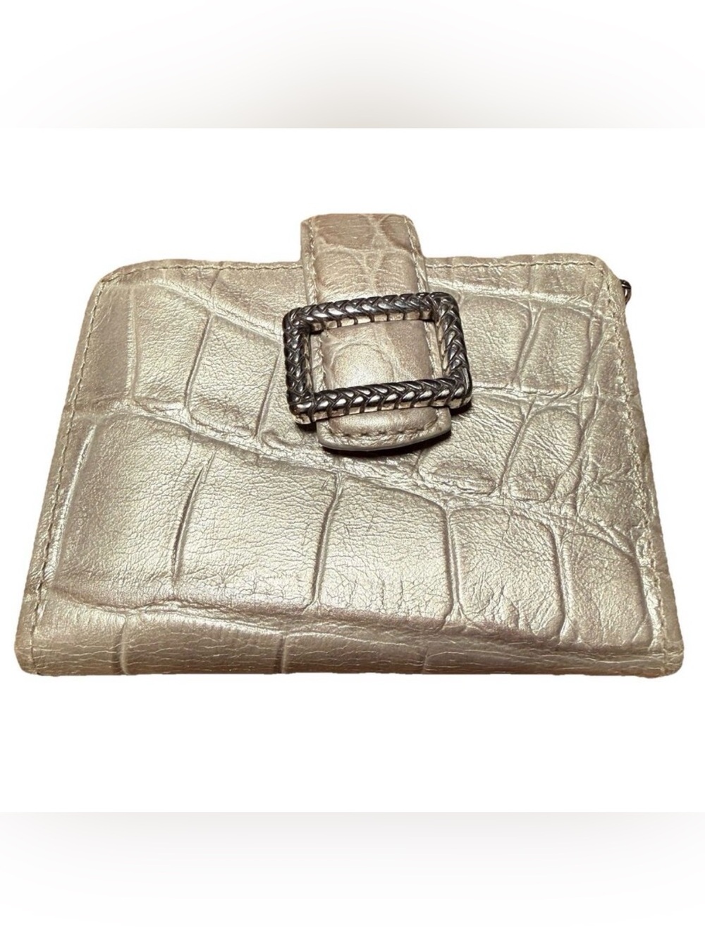 Brighton Bifold Wallet Clip Clasp Gray Metallic Croc Embossed Leather